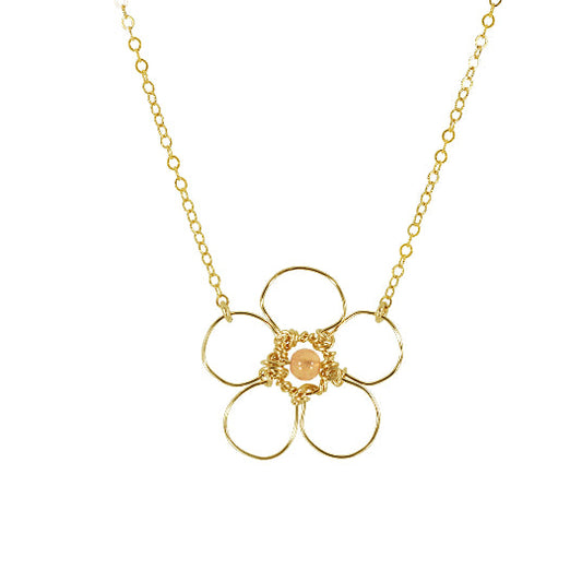 A delicate gold chain necklace featuring a flower-shaped pendant with five open circular petals and a small peach-colored gemstone in the center, genuine citrine bead, shown against a plain white background.