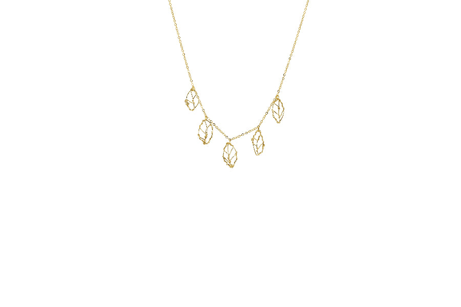 A delicate gold necklace featuring five small, leaf-shaped wire pendants arranged in a V-shape, shown against a solid white background.
